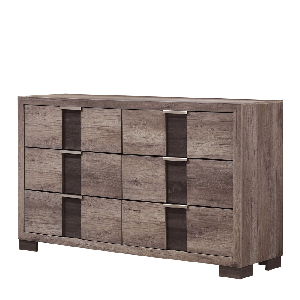 This bedroom set encapsulates modern minimalism, rendered in a soothing, natural wood finish that brings an organic, airy feel to any bedroom. The clean-lined bed boasts a broad headboard that stands as a subtle statement piece with integrated lighting. A