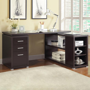  this L-shaped office desk is an excellent choice for a home office. With open shelves on one end and three drawers on the other