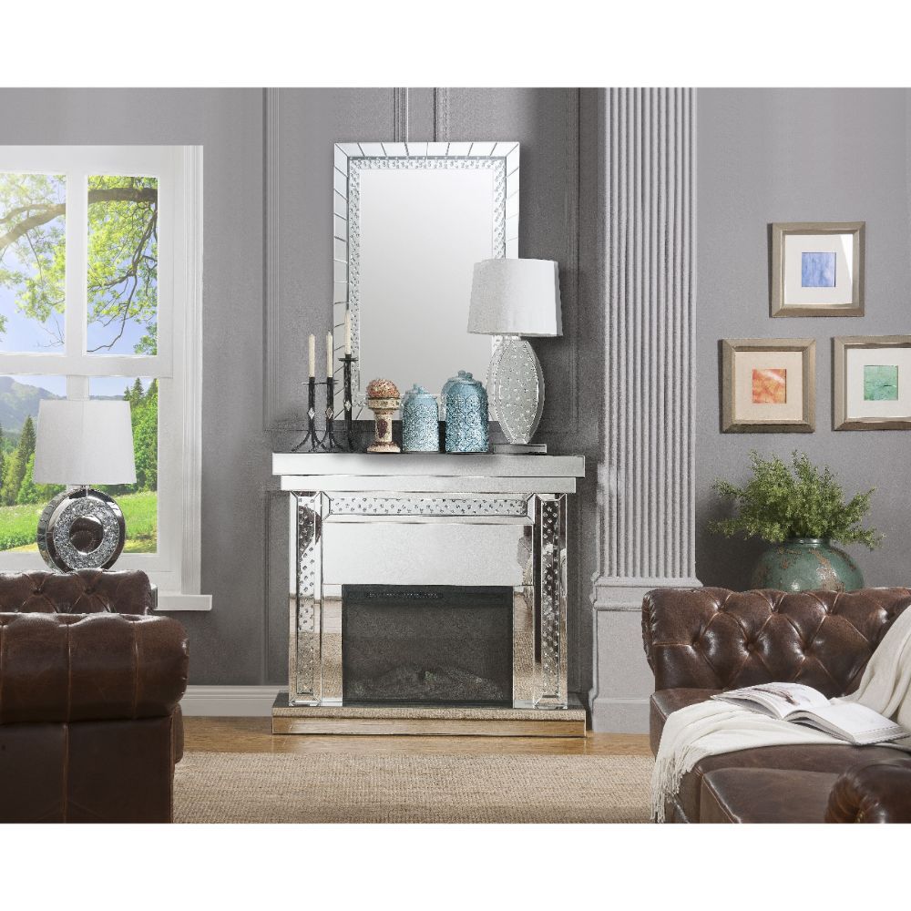 Assambled, Rectangular Fireplace Beveled Mirrored Finish, Clear Glass with Faux Crystal Inlay (Back Unfinished) Orientation: Free Standing NO Storage Specifications: Electric Fireplace (LED), BTU Output: 4777 BTU-'s, Heating Area: 400 sq ft Touch Control 