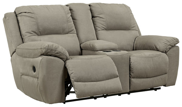  and enjoy some sports on TV with this reclining loveseat. You will love its double stuffed pillow top arms and soft-as-suede faux leather upholstery. The family-friendly dark gray color and creative stitching add panache. Recline in comf