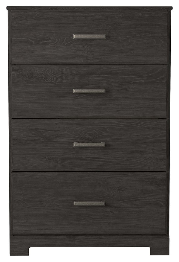  this chest of drawers is a fresh style awakening. A warm charcoal hue over replicated oak grain easily complements other furniture finishes. Smooth drawer fronts with antiqued pewter-tone handles complete the