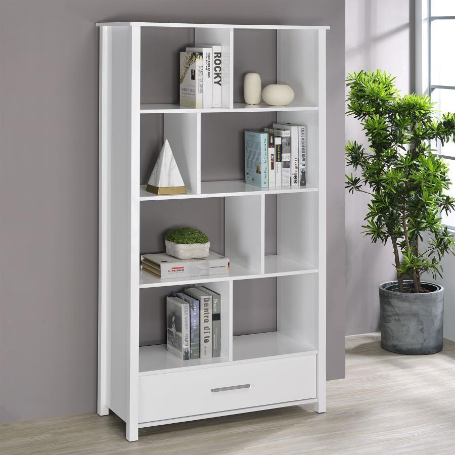 Asymmetrical shelves stack against one another to create this stunning, contemporary bookcase. A stylish, eye-catching addition to a home office, this minimalist bookcase invites you to organize office accessories or showcase decor and family photos. Eigh