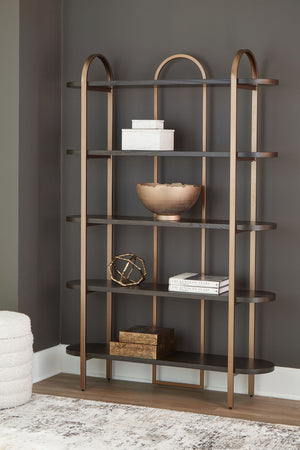  this bookcase seamlessly fits into a wide range of modern settings. Five fixed display shelves in a dark brown finish are balanced by sleek antiqued goldtone metal supports. Offering storage and superior style for books or sh