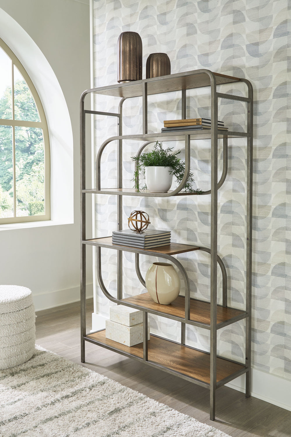 If you-'re a fan of contemporary design, you-'ll love this bookcase. The metal frame is sleek, sculptural and modern. Beautified with a brown finish, five gallery shelves stack up great form and function.<br><br><b>Additional Dimensions</b><br><ul><li>Ope
