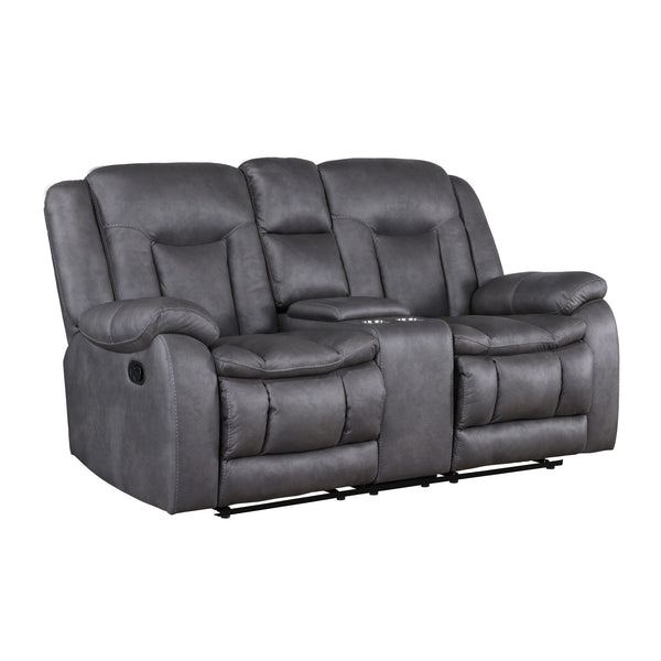 The Morello Dual Recliner Console Loveseat in gray offers a perfect combination of comfort and style for your living space. Upholstered in sumptuously soft 100% polyester fabric in a gray color, it mimics the luxurious look of leather without the higher p