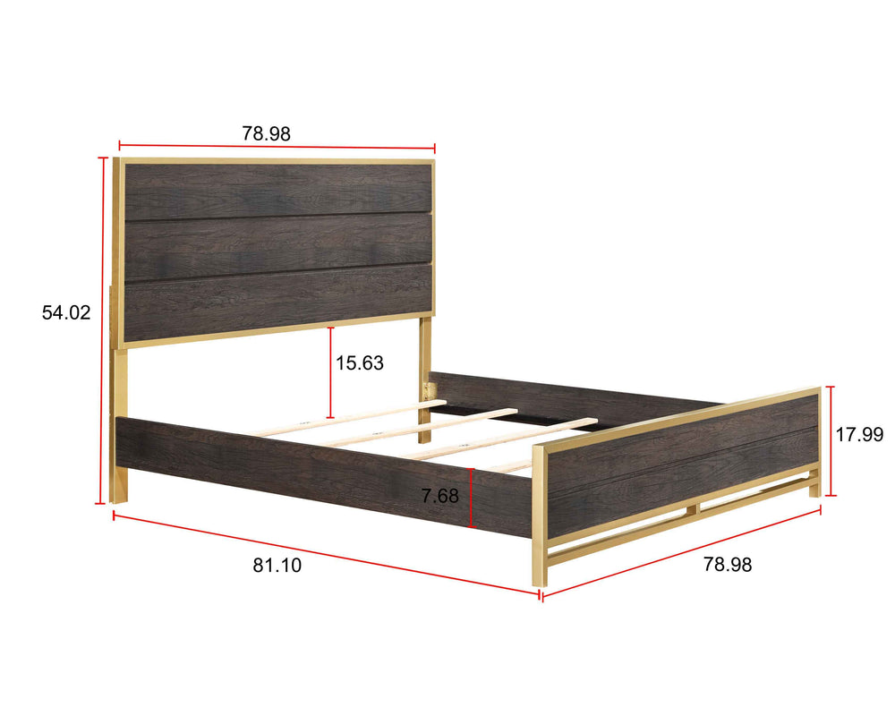 Step into a realm of contemporary sophistication with this bedroom collection. Flaunting a harmonious blend of rich, warm wood tones and bold, metallic accents, each piece exudes a luxe yet inviting appeal. The bed, with its sleek, linear design and strik