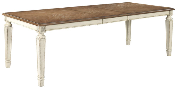 Bon appÃ©tit. This dining room extension table has all the right ingredients for a French country-inspired feast for the eyes. Antiqued two-tone aesthetic pairs a chipped white with a distressed wood finished top for a double serving of charm. Drop-in lea