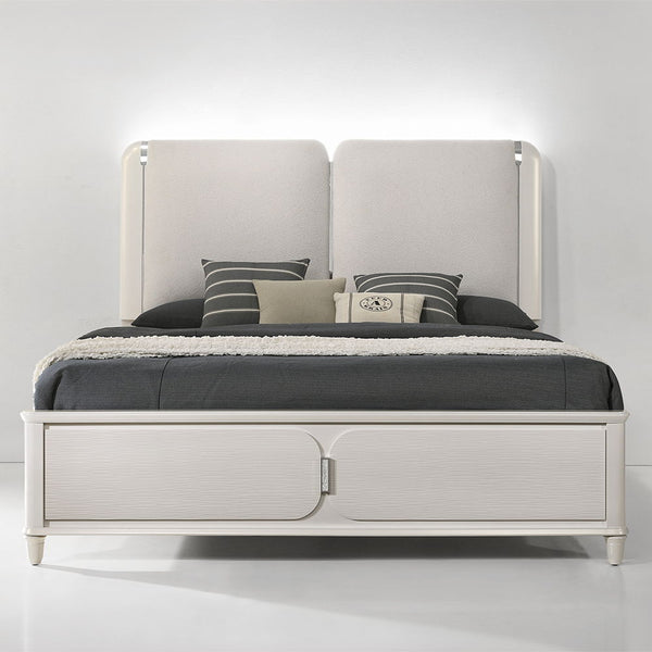  where light gray boucle meets a pearl white finish for an exquisite blend of sophistication and serenity. The clean lines and contemporary design create a harmonious balance