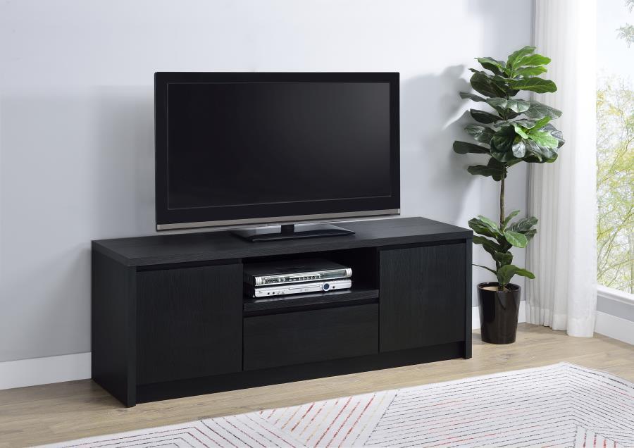 This sleek entertainment center combines a contemporary black finish with practical storage solutions. Made from durable engineered wood, itâ€™s topped with a scratch-resistant eco-friendly laminate veneer. The unit includes two cabinets for concealed sto