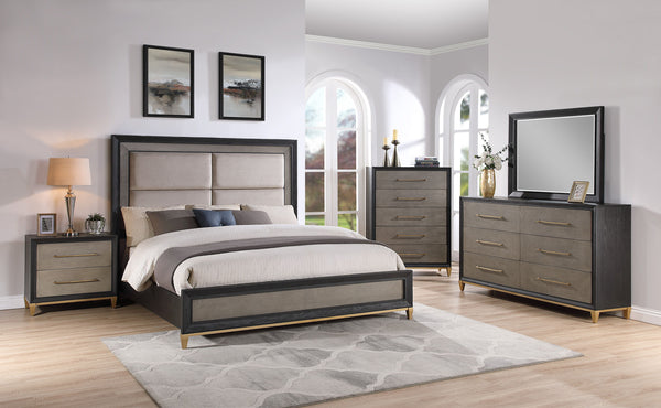  a bed with an upholstered headboard
