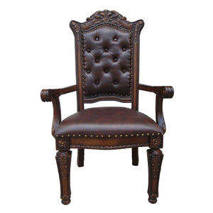  Wood & Nailhead Trim Padded Seat: PU with Nailhead Trim Wooden Seat Apron with Molding Trim Wooden Tapered Leg: Floral Motif<br/><br/><b>Product Features</b><ul><li>Arm Chair</li><li>Padded Seat & Back Cushi