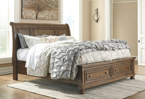 A fresh, new take on traditional style. This king sleigh bed meets todayâ€™s design tastes with beauty and grace. Tobacco brown finish allows the natural grain of the acacia veneers to show through in an organic way. Aged brass-tone knobs dress the fronts