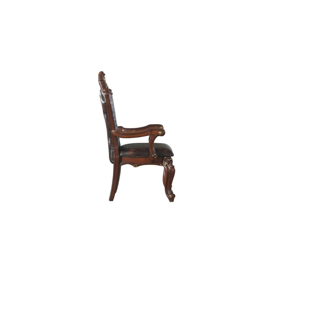 KD, Arm Chair (High Backrest) Stationary Seat: Standard Dining Height Padded SEAT & BACK: PU, Nailhead Trim Arched Backrest: Button Tufted Outside, Wood Frame with Oversized Crown and Raised Scrolled Motifs Scalloped Apron Seat: Raised Molding Trim Wooden