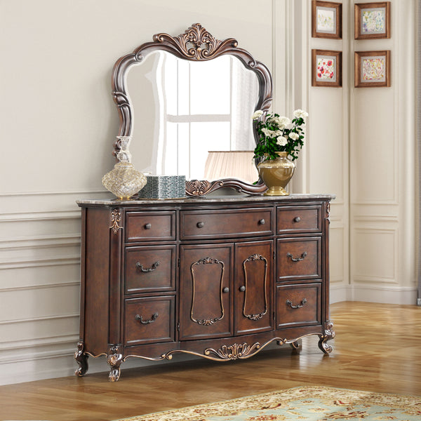 The Constantine 2 Piece Dresser and Mirror Set by Royal Classics offers a perfect blend of elegance and functionality. This set, finished in rich Cherry, includes one dresser and one mirror, each crafted from a blend of Solid Pine and Fancy Face Birch Ven