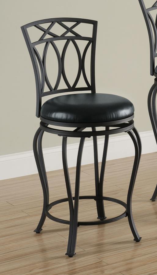 Casual, transitional style highlights this metal swivel counter stool. Perfect for an inviting kitchen island, the stool boasts a rich black finish. Coordinating black faux leather maintains a rich appearance while offering a surface that-'s easy to wipe 