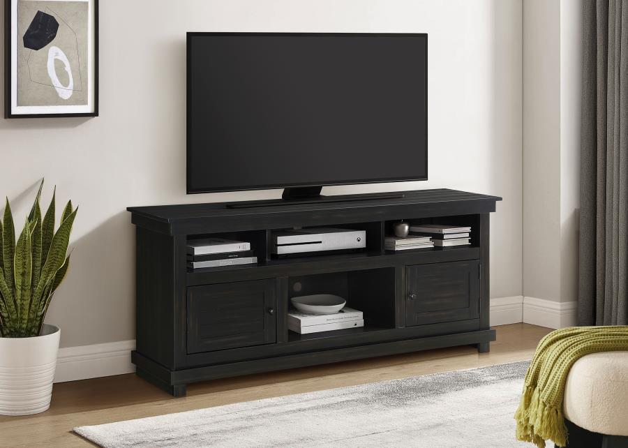 Complete a media center in your inviting home with a modern farmhouse TV stand. It-'s an approachable design with roughhewn wood details that create texture and dimensionality in your living space. Two shelves and six compartments create ample storage, pe