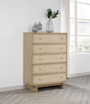  offering ample storage for your bedroom while enhancing its overall aesthetic. The beige oak finish exudes natural warmth