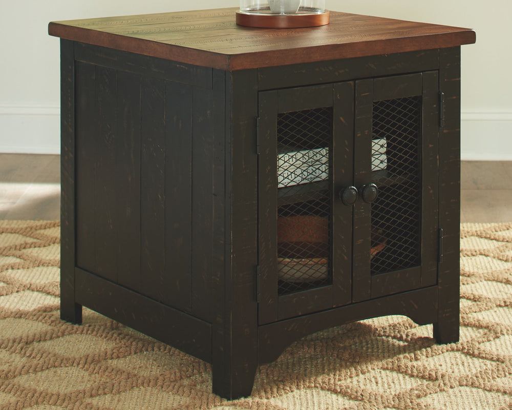 To those with an eye for the best in rustic farmhouse living, this two-tone end table doubles up on charm. Designer touches include plank-effect styling, distress marks and wire mesh door fronts for added character.<br><br><b>Additional Dimensions</b><br>