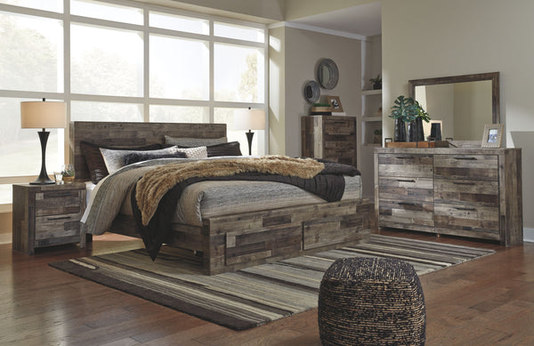 Derekson - 7 pzas. - Cómoda, espejo, baúl, cama king con 2 cajones de almacenamiento - Gris multicolor