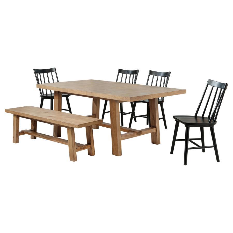 This refined dining set pairs timeless craftsmanship with a modern touch for a stylish and functional space. The extension dining table features a removable 16-inch leaf, expanding from 60 to 76 inches to accommodate various gatherings. Solid mahogany, en