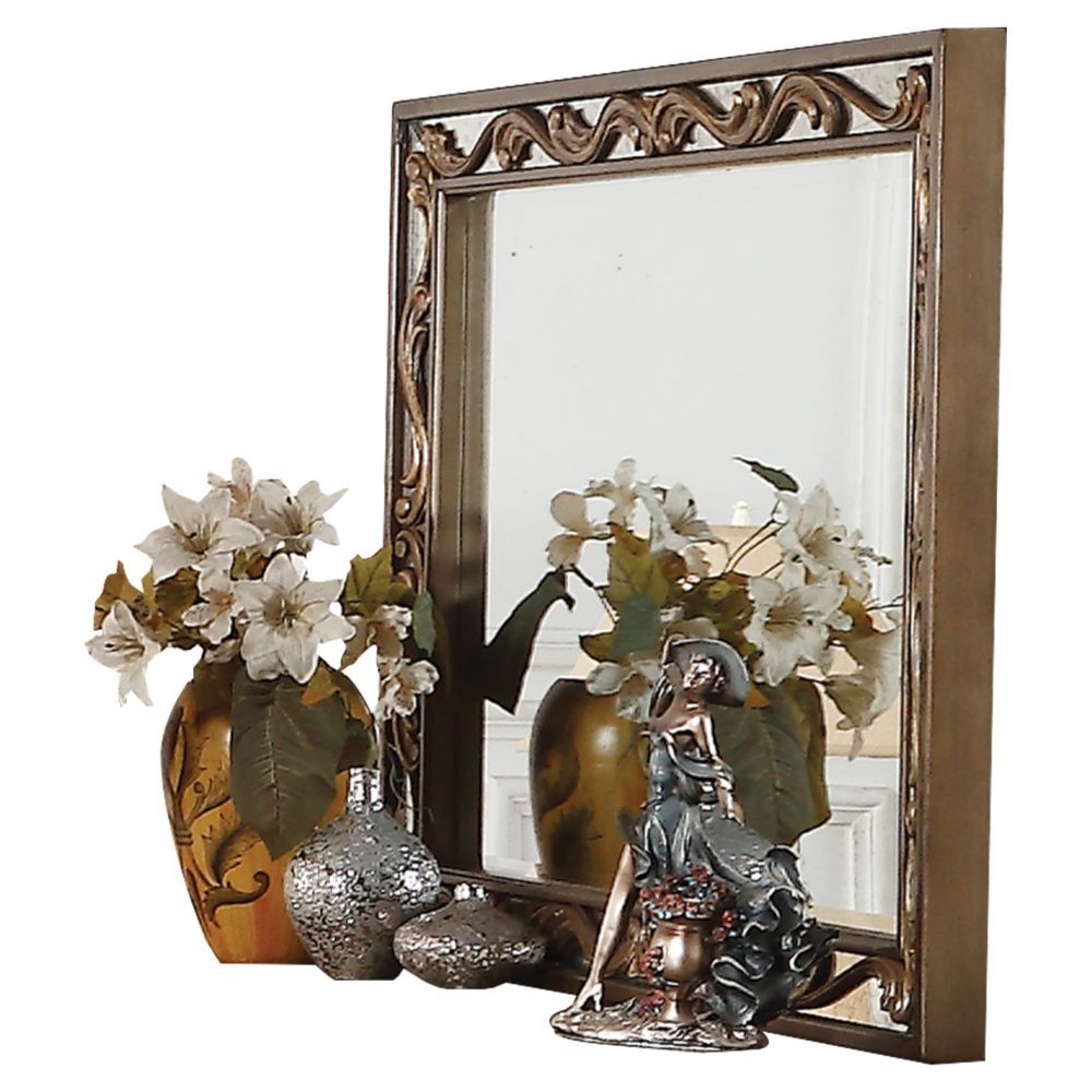 Rectangular Mirror with Beveled Edge (25mm) â€¢â€¢ Vintage Mirror Fronts with Raised Scrolled Floral Inlays, 5mm Antique Mirror<br/><br/><b>Product Features</b><ul><li>Case: 1Pc/1Ctn</li><li>Finish: Antique Gold</li><li>Style: Traditional</li><li>Material