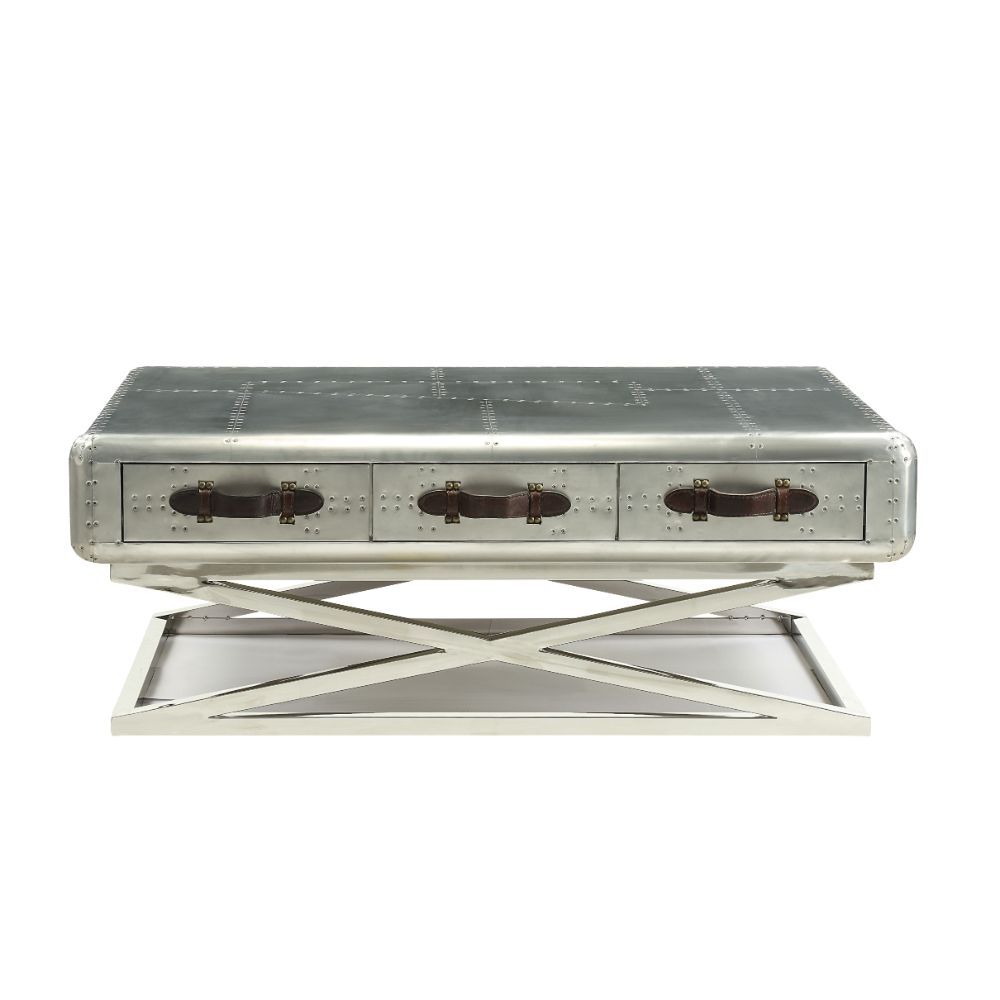 Assembled, Rectangular Coffee Table: Trunk Top Design â€¢ Storage: 3 Drw (Open Base) â€¢â€¢ CONSTRUCTION â€¢â€¢ Trunk Top & Drawer: Aluminum with Ply Frame â€¢ Metal -"X-" Shape Base & Crossbar Support: Iron Base â€¢ Drawer: GLIDE Side Metal (Full Ext.), 