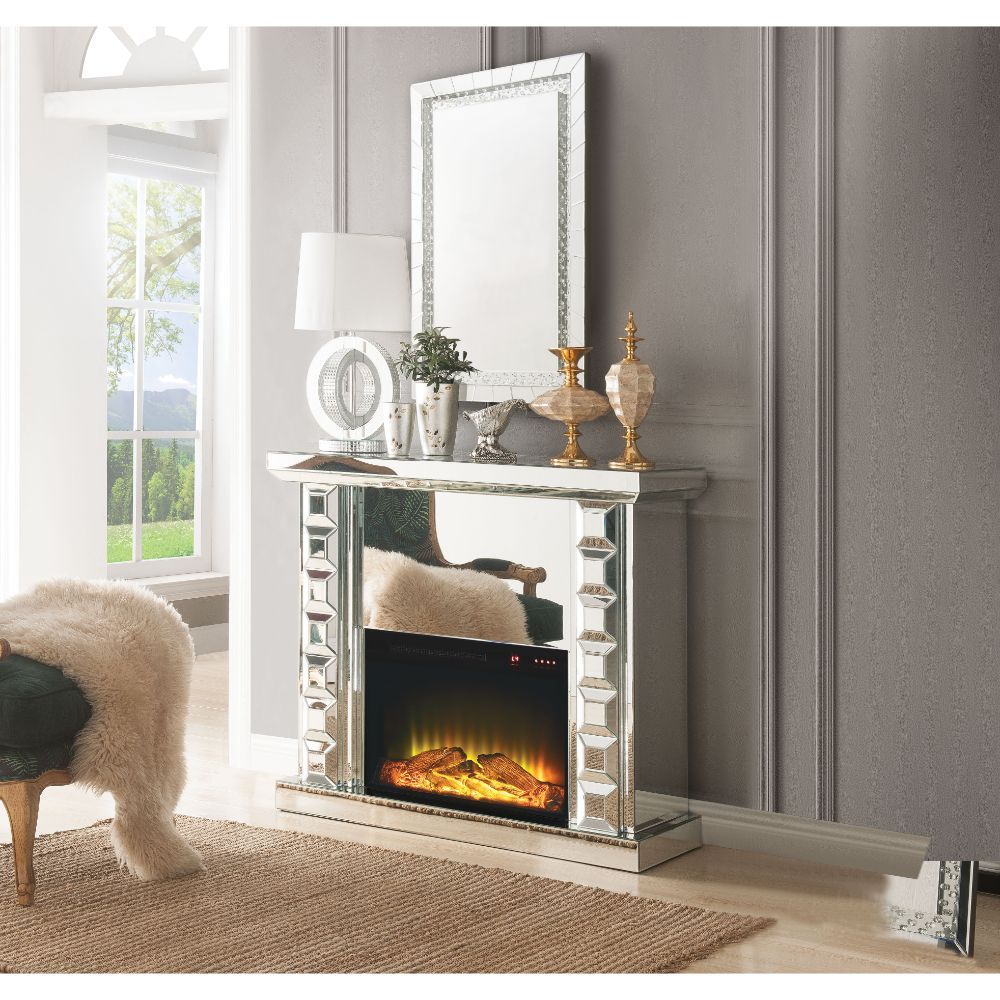 Assambled, Rectangular Fireplace Beveled Mirrored Finish, Clear Glass with Faux Crystal Inlay (Back Unfinished) Orientation: Free Standing NO Storage Specifications: Electric Fireplace (LED), BTU Output: 4777 BTU-'s, Heating Area: 400 sq ft Touch Control 