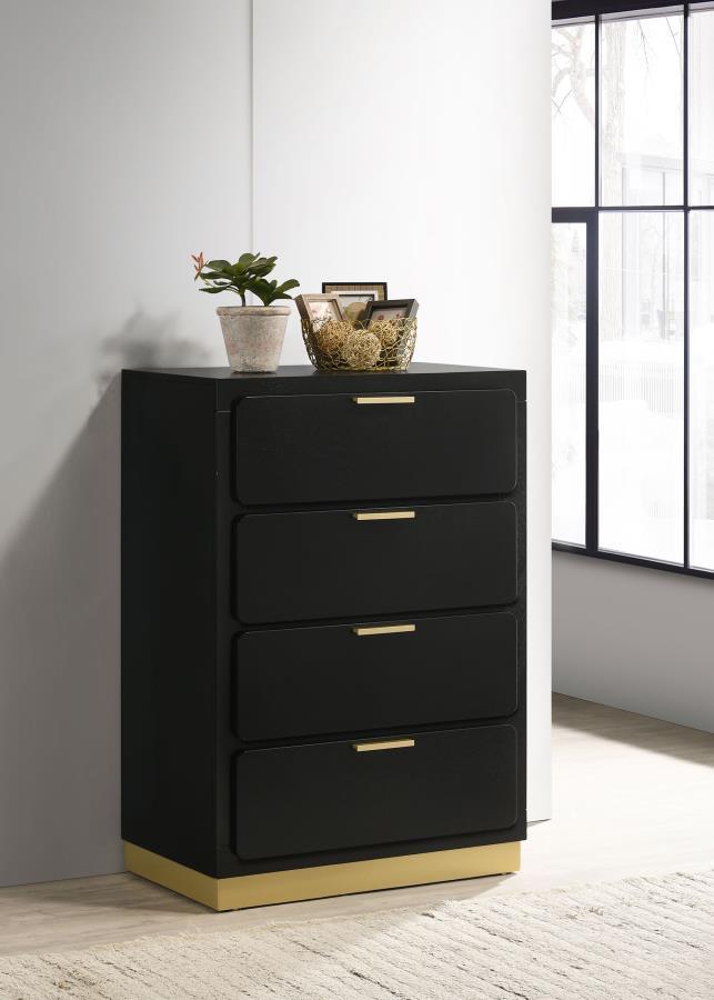 Modern luxury with a minimalist look offers a perfect fit for updated bedrooms as the four-drawer chest enhances a sleek master suite or guest bedroom. Wood and wood products construct a dresser with clean lines and a stylish Mid-Century Modern vibe. This