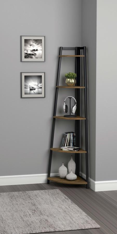 With a compact design that-'s ideal for smaller rooms, this transitional bookcase is a stylish space saving solution. Crafted to tuck neatly into a corner, it-'s perfect for showcasing decorative pieces without taking up too much space. The durable, black
