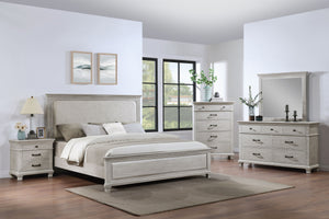 The Silver Sands 5 Piece Wood Bedroom Set in Gray is the perfect choice for those seeking a combination of durability, style, and functionality. This comprehensive set includes an upholstered panel bed, a dresser, a mirror, a chest, and a nightstand. Each