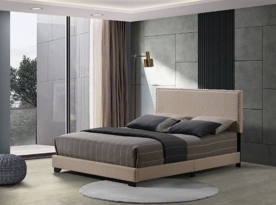 Leandros Queen Bed - Beige Fabric