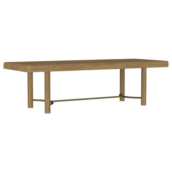  featuring a trestle base with a metal stretcher bar that adds a contemporary industrial touch. The rounded corners soften the clean lines of the rectangular tabletop