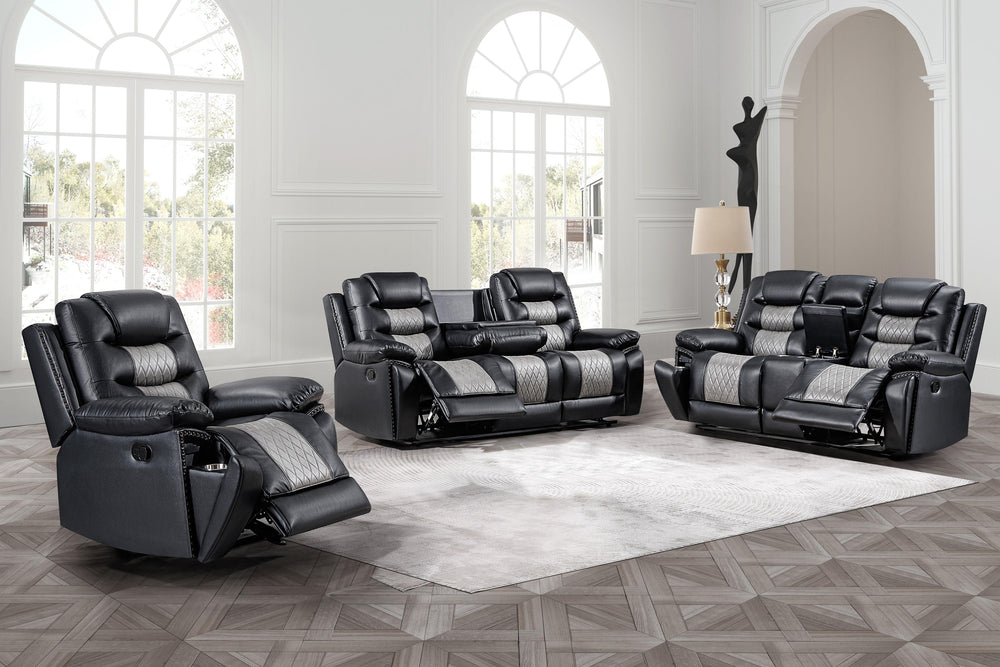 Transform your living space with the Nikko 3 Piece Motion Upholstery Set, featuring a dual reclining sofa, console loveseat, and glider recliner with hidden cup holders. This versatile set includes a sofa, loveseat, and glider recliner, all built for long