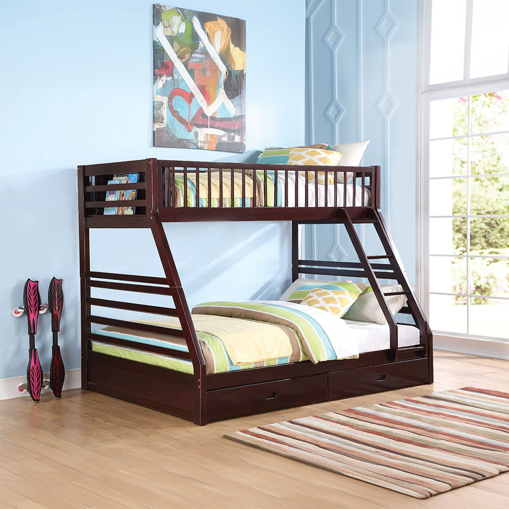 The Jason Bunk Bed is a great addition to any youth room. An Extra Large twin upper bed and queen size lower bed offer lots of space for sweet dreams. A rich, classic espresso finish gives this piece a polished look and makes it ideal for blending with an