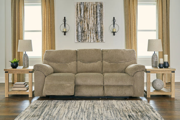  this reclining sofa and loveseat invite a relaxed sensibility into your space. Its beige upholstery has a universal appeal