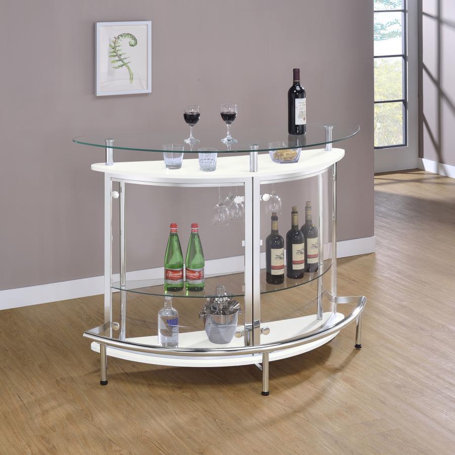 Upgrade your home entertainment options with this gorgeous, contemporary bar unit. With a convenient wine glass rack and ample storage space, it easily accommodates a wide variety of stemware, bar accessories, and cocktail ingredients. Graceful and glamor