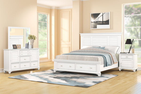 The Jamestown 4-Piece Wood Bedroom Set in White offers a perfect blend of style, durability, and practicality, designed to transform your bedroom into a serene and organized space. This set includes a Panel Bed with a storage footboard, Dresser, Mirror, a