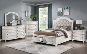 Jaqueline - Ek Bed With Storage - Light Gray Linen & Antique White Finish