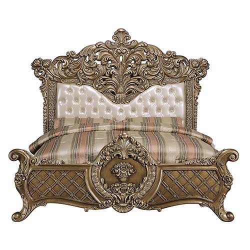 The grand Baroque style of the Constantine collection is sure to impress. With a beautiful bronze finish to emphasize the scrollwork and regal aspects of the collection. The bed features intricately carved embellishments and an oversized PU padded headboa