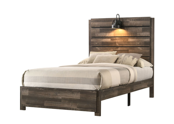 This bedroom set marries rustic appeal with contemporary lines, offering a cozy yet refined aesthetic to any modern home. The set features a generously sized bed with a broad, planked headboard with integrated sconces, creating an inviting ambiance. Flank