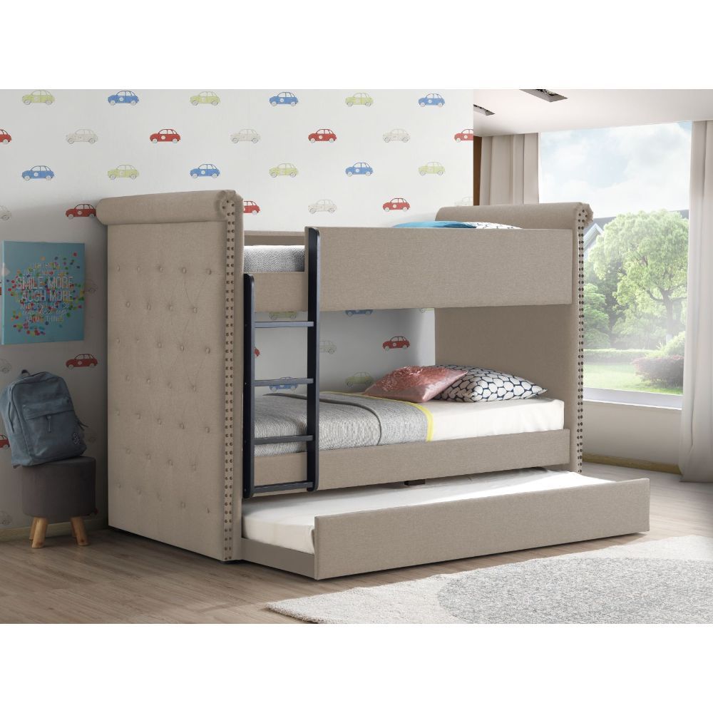 Give your child-'s bedroom a convenient and stylish update with the Ramona II twin over twin bunk bed. This bed-'s unique beige fabric has antique-inspired details like button tuft upholstery, and nailhead trim to create a charming and timeless look. A tw