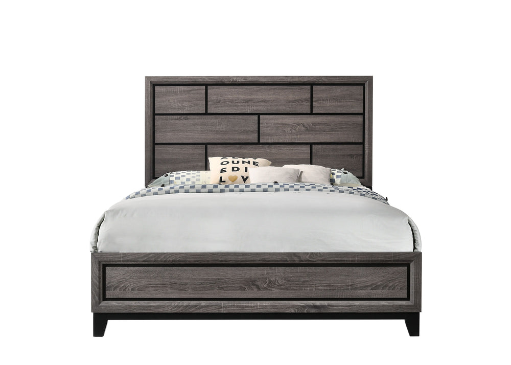 This contemporary bedroom set presents a crisp, clean look with its gray finish and contrasting dark accents. The simple, straight lines and subtle details give it a modern edge. The bed features a paneled headboard that makes a statement without overwhel