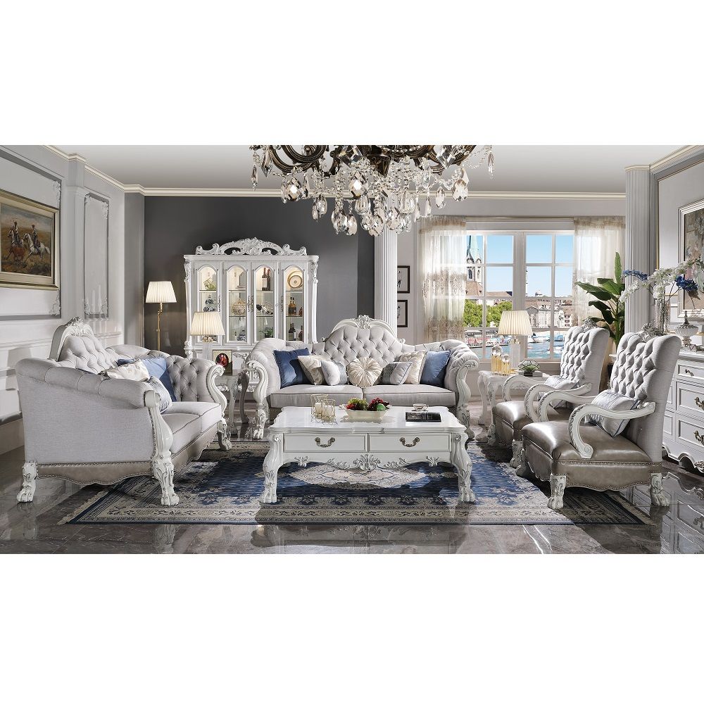 Assembled, with 1 Pillows Floral Scrolled Crown with Antique Brush, Nailhead Trim (Base) Backrest Style: Crystal like Button Tufted Tight Back & Seat Cushion (1+1) CONSTRUCTION: Pocket Coil Seat