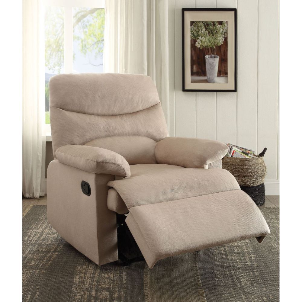 The lovely Arcadia recliner offers comfort, style and value for any home. A smooth fabric seat cushion provides relaxation from seat to toe with an easy to reach external handle for operating the reclining mechanism.<br/><br/><b>Product Features</b><ul><l