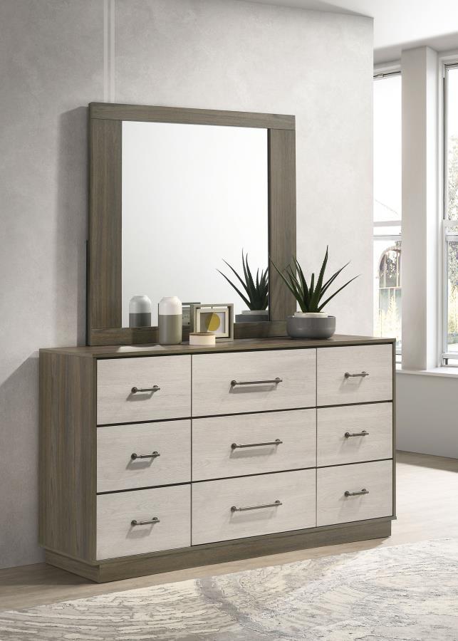 Elevate your bedroom decor with this sophisticated dresser and mirror set, blending contemporary style with functional design. The nine-drawer dresser offers ample storage, featuring a hidden jewelry drawer for added convenience, and is adorned with antiq