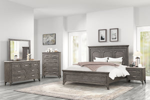 Elevate your bedroom with the timeless elegance of the Lisbon 5 Piece Bedroom Set in Gray. Crafted from Acacia solid wood and eco-friendly embossed oak laminate, this set ensures enduring strength and durability. Its multi-step gray finish enhances the na