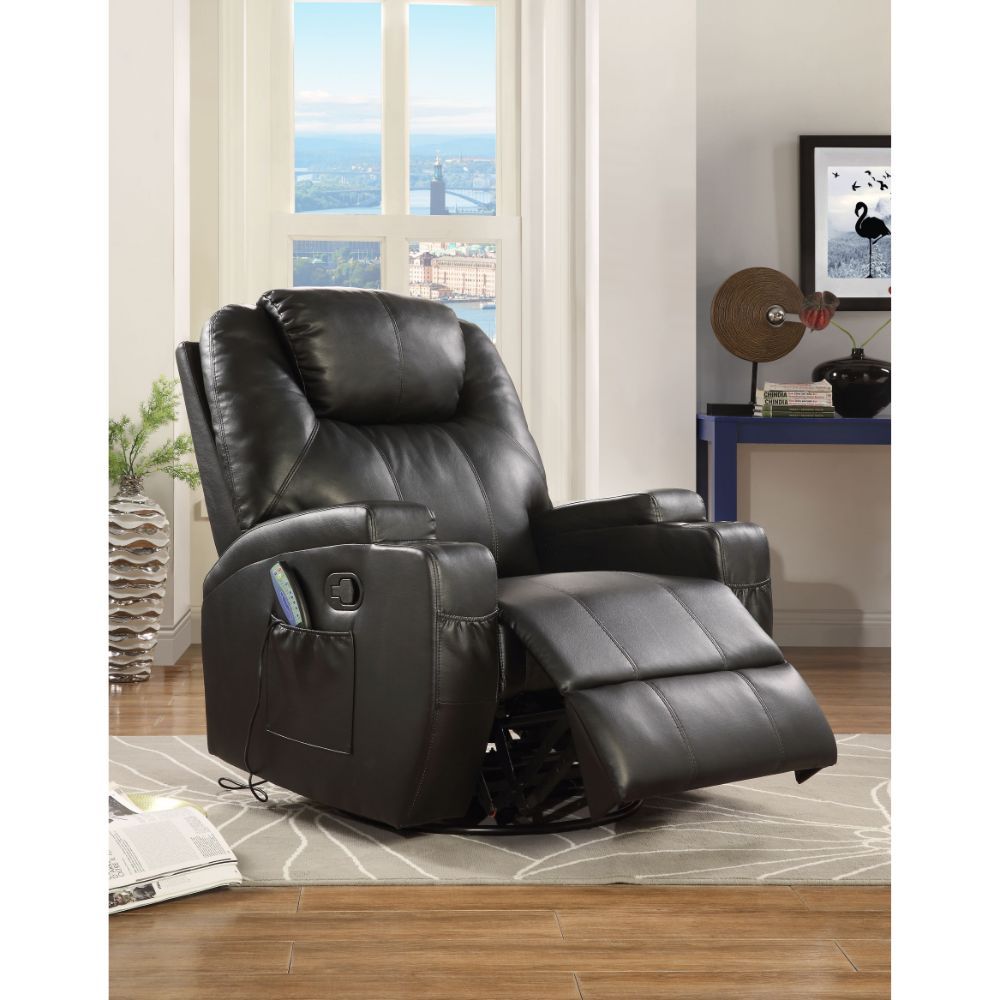 KD Back, Features: Rocker, 360 Swivel Degrees, Power Massage & Cup-Holder Motion Reclining Function (External Latch Handle) Tight Back & Seat Cushion Seat Construction: Pocket Coil, Inside Frame: Pine Wood, Ply, Foam