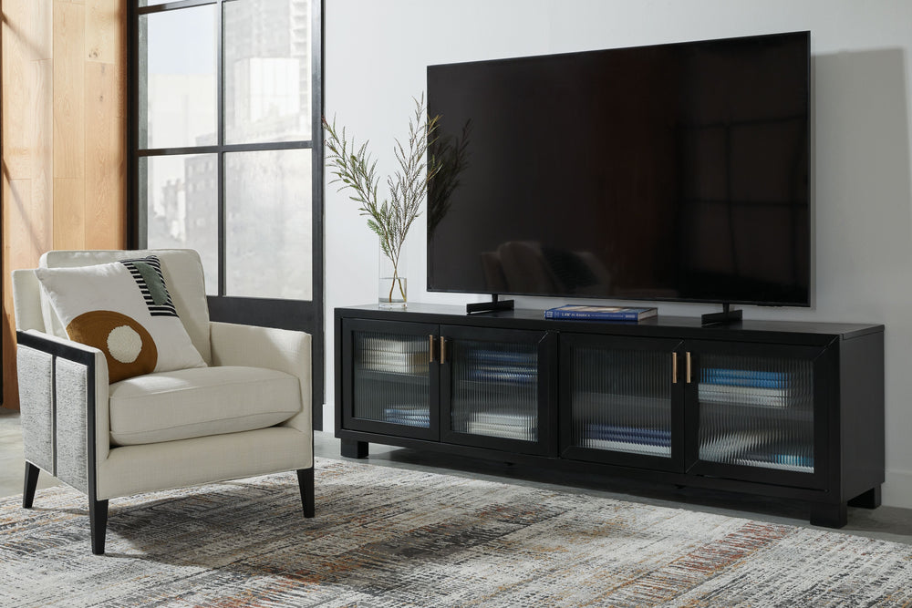 If you are a lover of simplicity, this TV stand is the perfect choice. With a black finish, a casual contemporary design and spacious storage cabinets, it provides functional style wherever itâ€™s displayed. And this large media cabinet accommodates flat-
