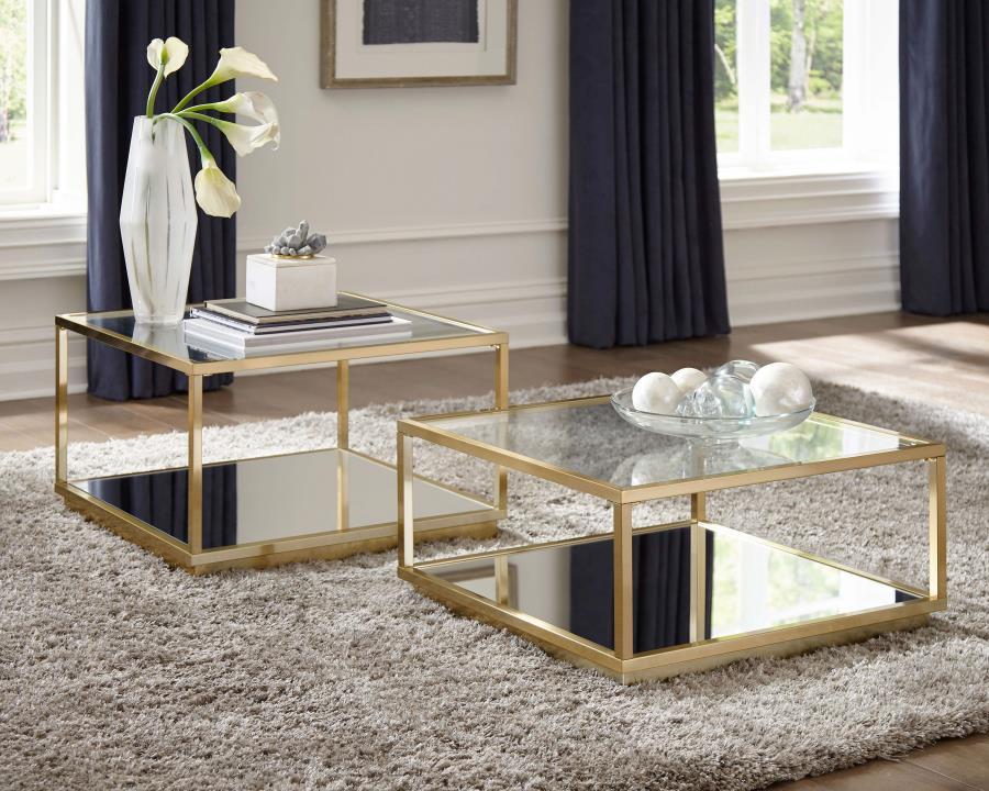Add this contemporary two-piece occasional table set to your home. Set features both a large and small table that can stand alone or fit beside each other. A rose brass finish frame adds glam and luster to the look. The square table top features crisp, cl