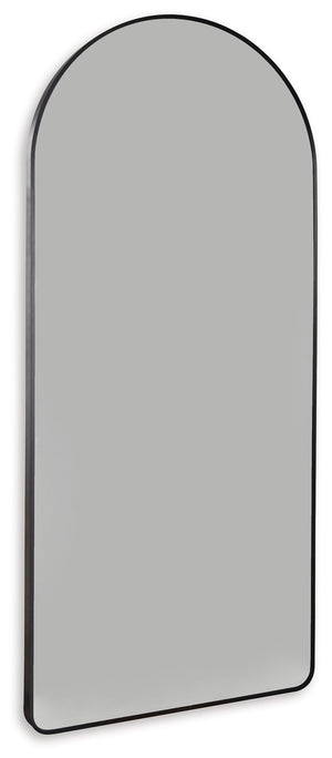 Beauty reflects in contemporary style with this floor mirror. Its black-finished metal creates a lovely curved frame. Standing almost six feet high, this mirror makes a case for statement style.<br/><br/><b>Product Features</b><ul><li>Metal frame with bla
